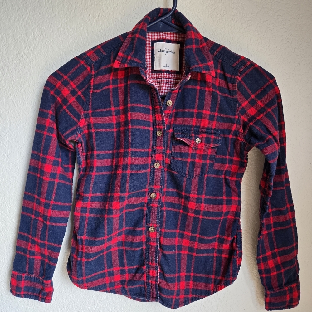 Girls Abercrombie Kids Shirt S Flannel Blue Red Plaid Lng Sleeve Button Up